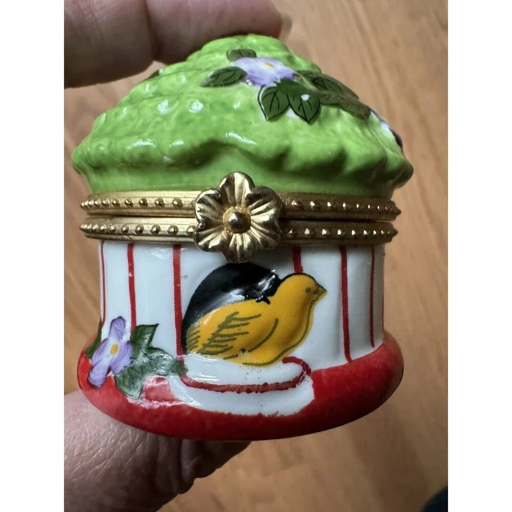 Ceramic Porcelain Trinket Box Flower Yellow Bird‎ Cage Round Dome Lidded Jewelry
